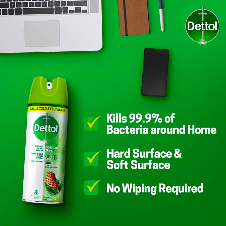Dettol Disinfectant Spray Sanitizer for Germ Protection on Hard & Soft Surfaces, Original Pine, 225ml