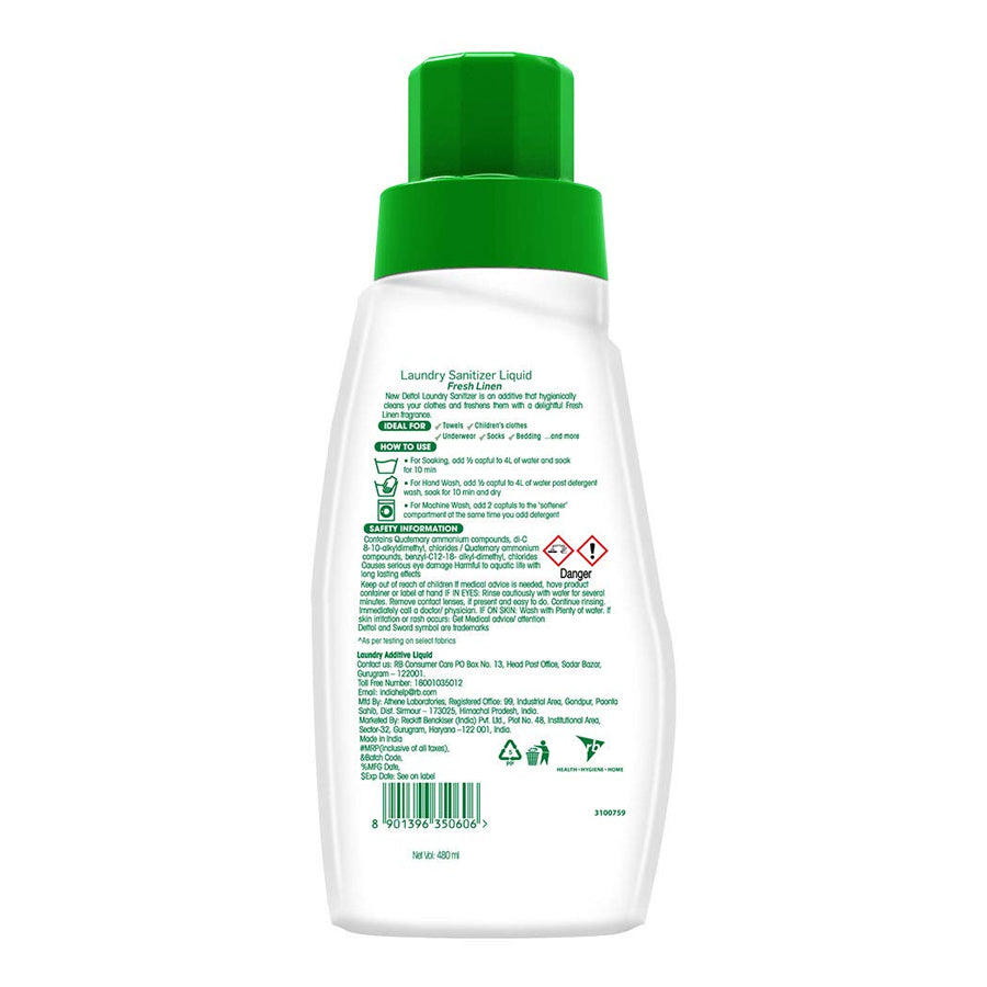 Dettol After Detergent Wash Liquid Laundry Sanitizer, Fresh Linen - 480ml