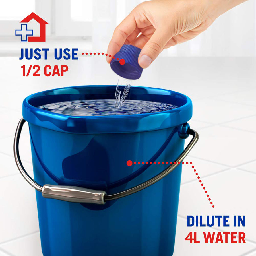use 1 cap of lizol floor cleaning liquid for germ free floors